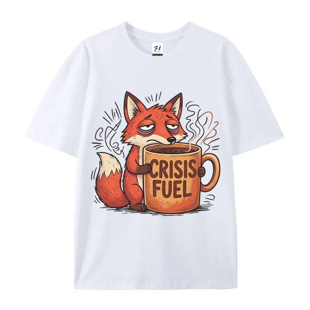 Unisex T Shirt Tired Fox Coffee Cup Graphic Crisis Fuel Funny Tired Office Worker Retro Summer White Short Sleeve Cotton Tops