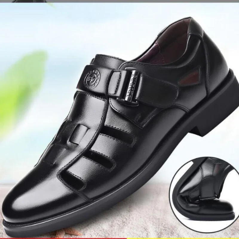 XIHAHA Summer Men Casual Leather Sandals Hollow Leather Shoes Breathable Hole Shoe Sandals Mens Slippers Hombre  Shoes Sneaker