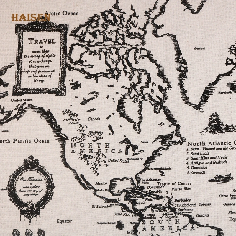 Stara mapa świata, bawełniana tkanina lniana z nadrukiem, pikowanie i szycie obrus, zasłona, torba, poduszka, materiał tekstylny do dekoracji domu