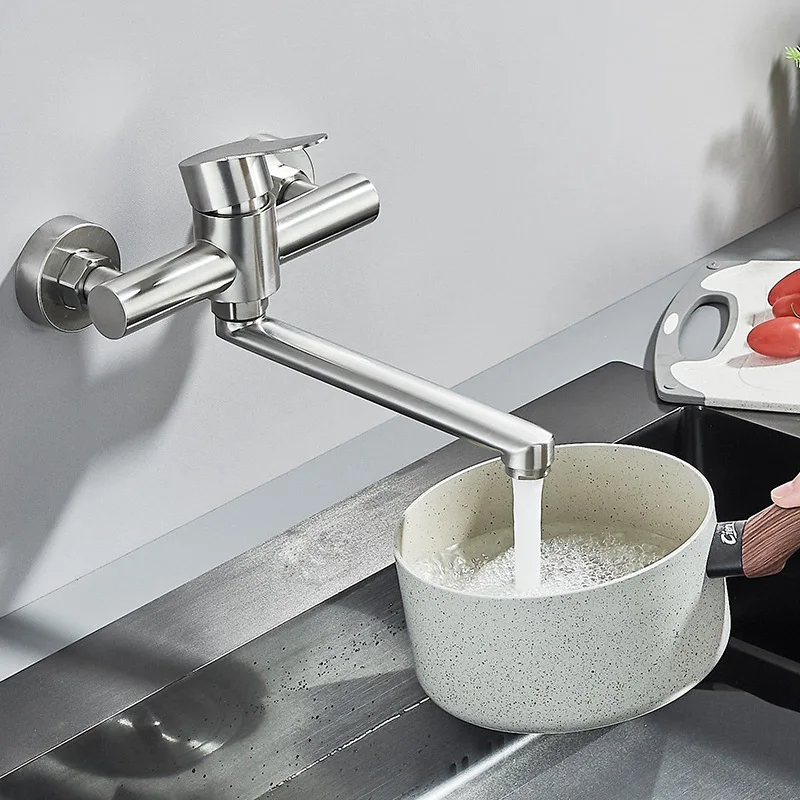 

Kitchen Faucet Gourmet Single Lever Balcony Stainless Steel Sink Tap Rotation Long Nose Outlet Hot Cold Water Mixer Mop Pool Tap