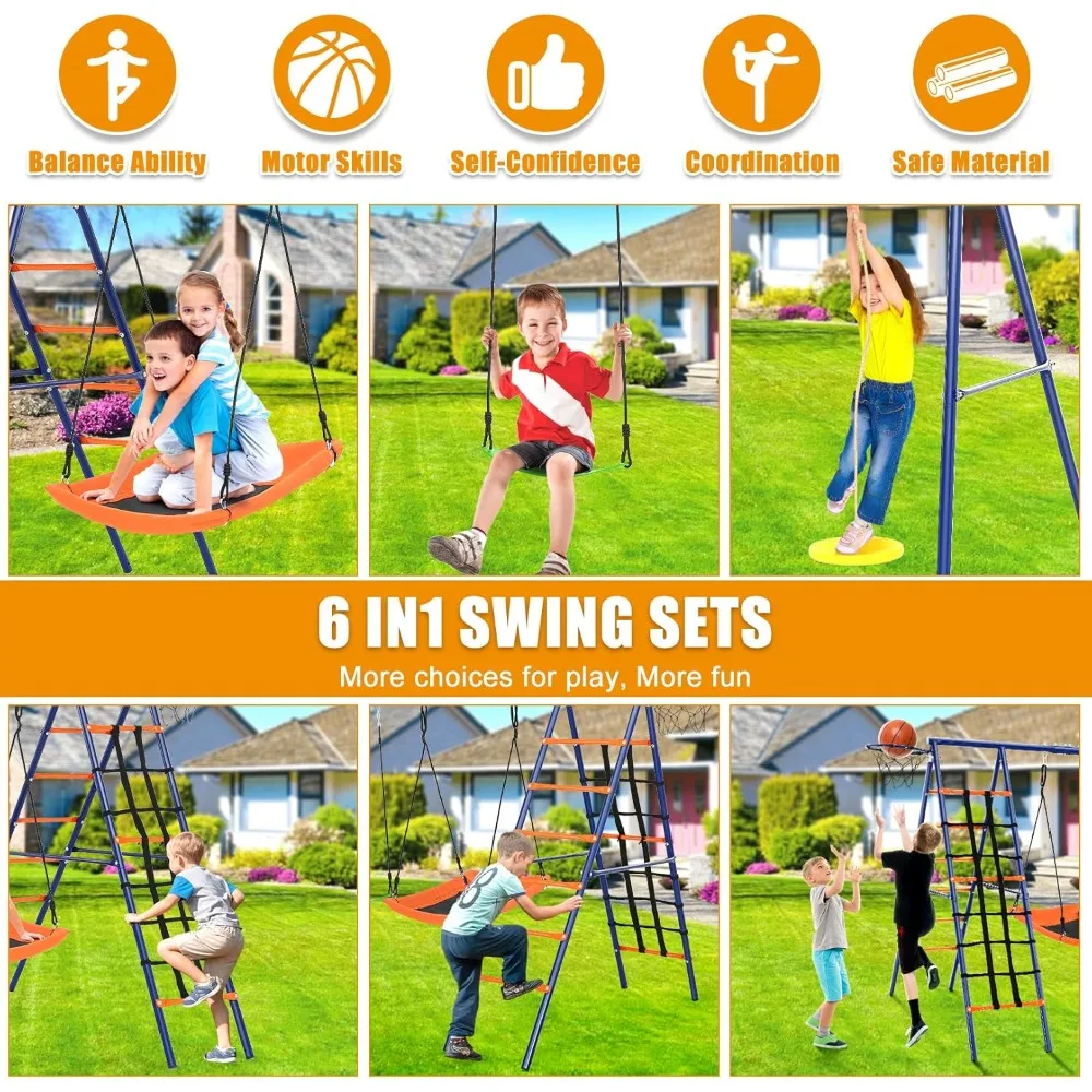 مجموعة أرجوحة للفناء الخلفي - مجموعات ملعب 6 في 1 شديدة التحمل 550 رطل ترقية أرجوحة الصحن للأطفال في الهواء الطلق حامل أرجوحة معدني