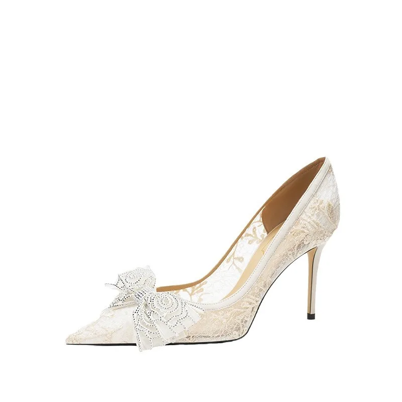 

42, белые свадебные туфли с кружевным бантом, французское свадебное платье Cheongsam, свадебные туфли на высоком каблуке из овчины, Zapatos De Mujer Elegantes