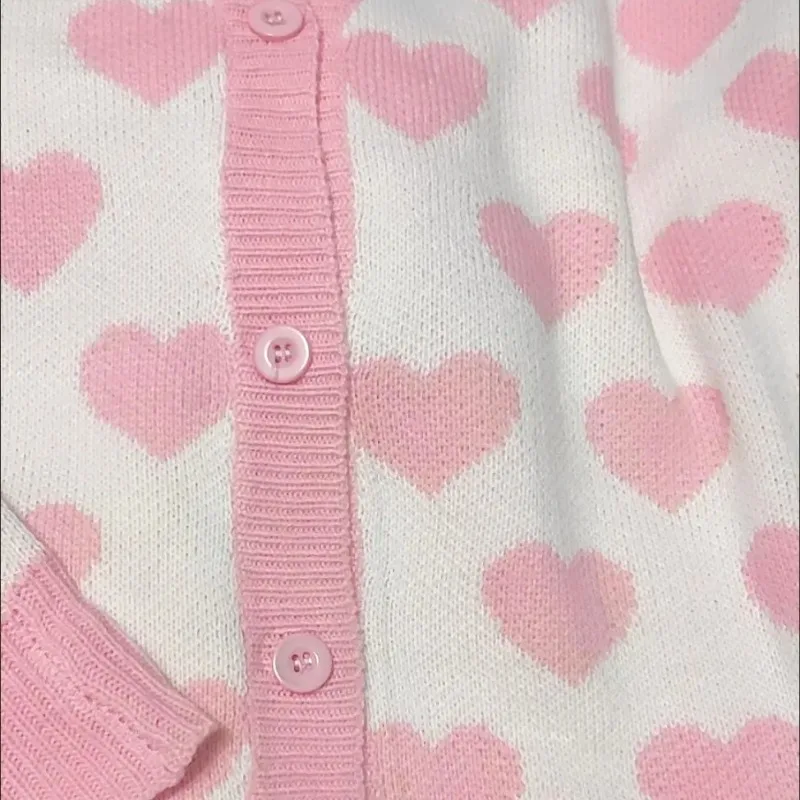 Sweet Pink Cardigan Women Jacquard Loose Students Knitted Heart Korean Preppy Chic Outerwear Fashion Vintage Patchwork Female