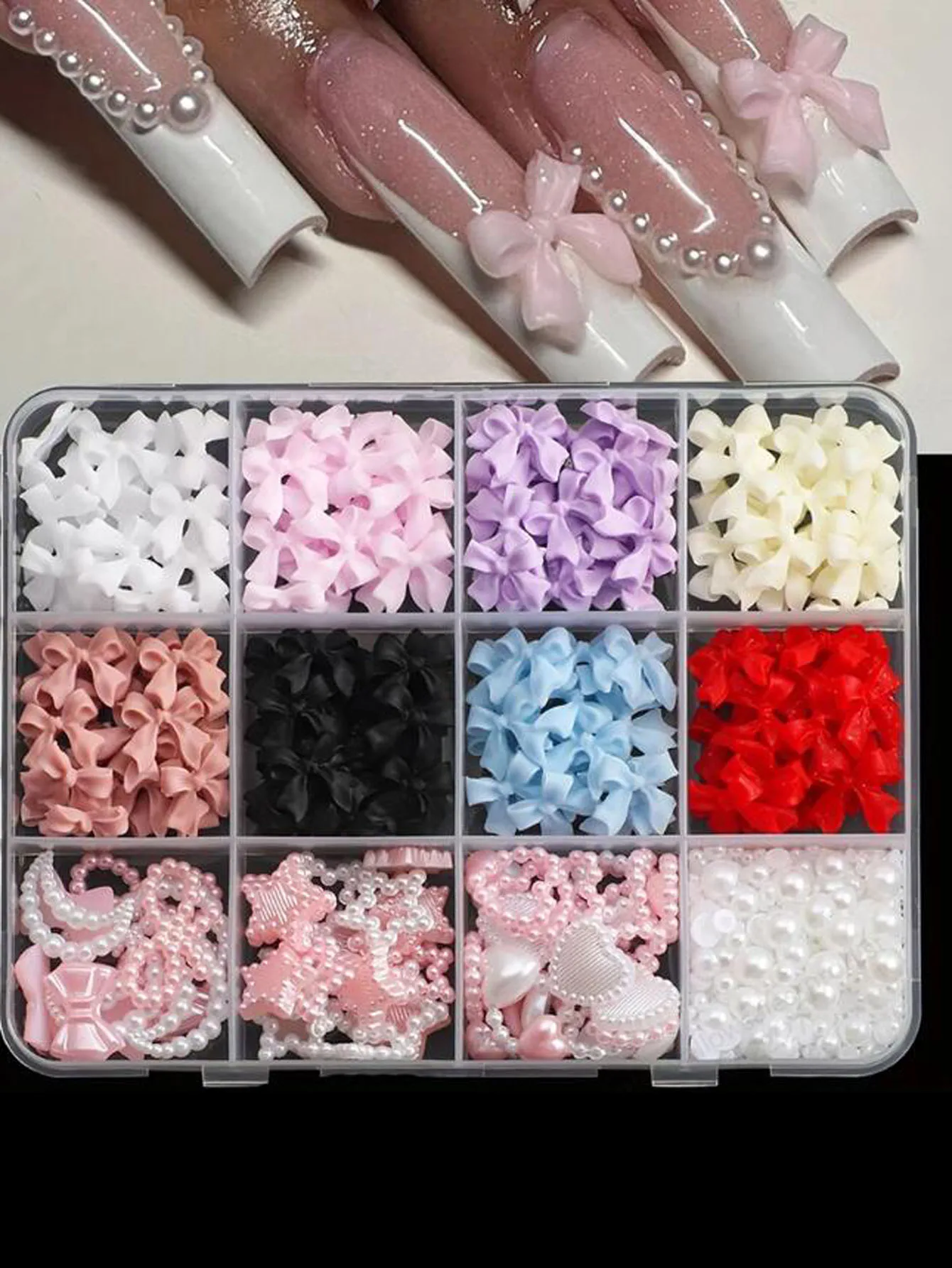 12 rejillas/caja 3D de resina con lazo, corazón de amor, dijes para uñas, pajarita blanca rosa mezclada, flores de perlas, decoraciones artísticas para uñas, suministros para uñas DIY
