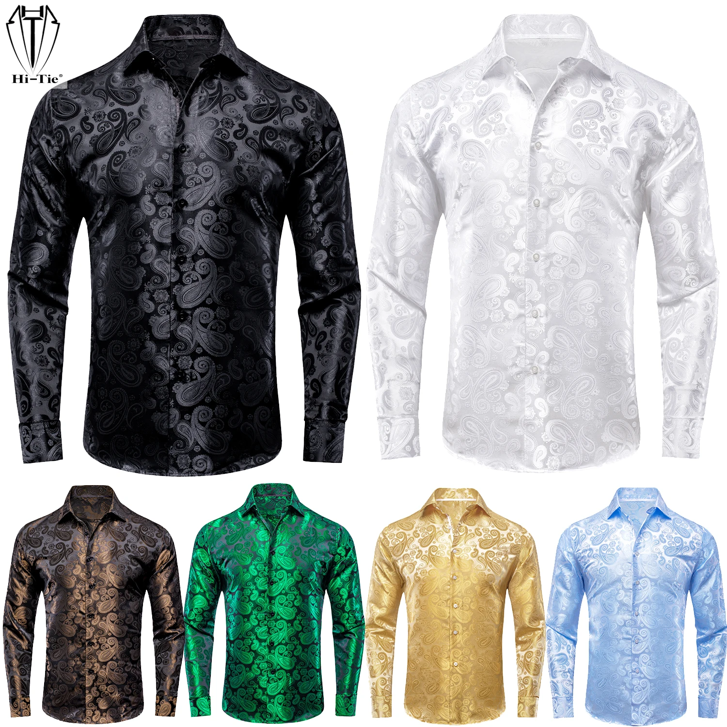 Hi-Tie Jacquard Silk Mens Shirts Lapel Long Sleeve Wedding Business Christmas Western Shirt  Cowboy 30 Colors High Quality Gift