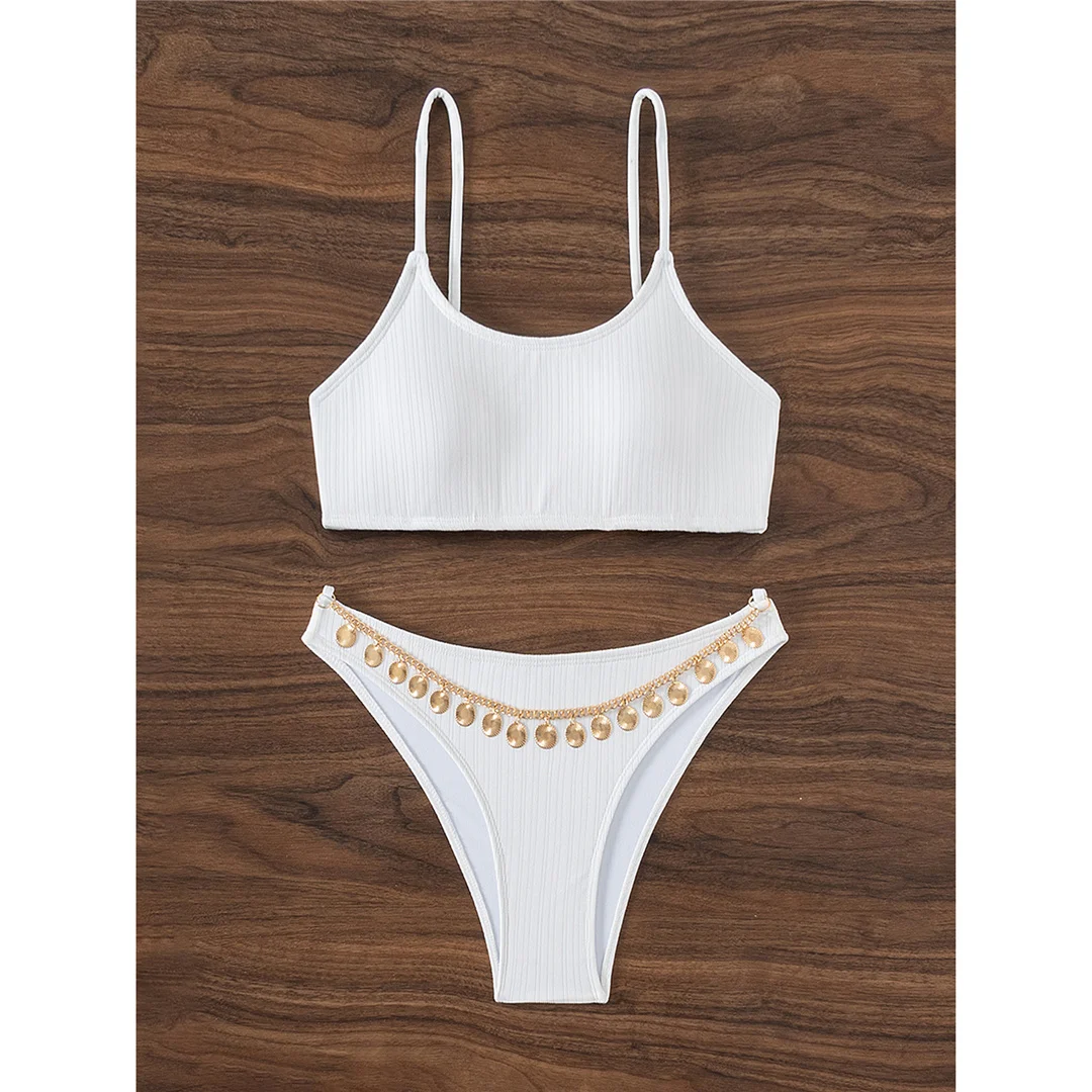 Metallketten, hoch geschnittenes Bein, brasilianischer Bikini, Damen-Badeanzug, zweiteiliges Bikini-Set, Badebekleidung, Badeanzug, Schwimmkleidung V6009 – Detail 9