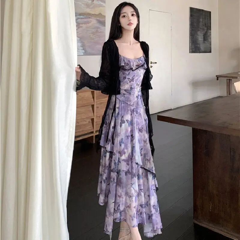 2025 الصيف 2 قطعة مثير السباغيتي حزام الحرير الساتان طباعة فستان للنساء الكورية سليم صالح والتخسيس مزاجه فستان أنيق #3