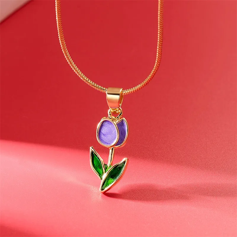 Vintage elegante Emaille-Halskette mit Tulpenblüten-Anhänger für Damen, modische Accessoires für junge Persönlichkeiten, Schlüsselbeinkette, Choker. – Detail 8