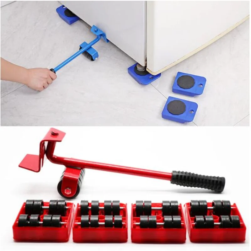 Heavy Duty Furniture Lift Transporter Furniture Handler Set 4 Mobile Rollers 1 Wheel Rod For Lifting Mobile Furniture Home Tools