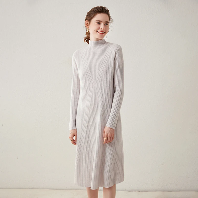 High-end Autumn Winter New 100% Cashmere Long Sweater Dress Women Knitted Dresses Female Fashion O-Neck Elastic 4Colors Pullover