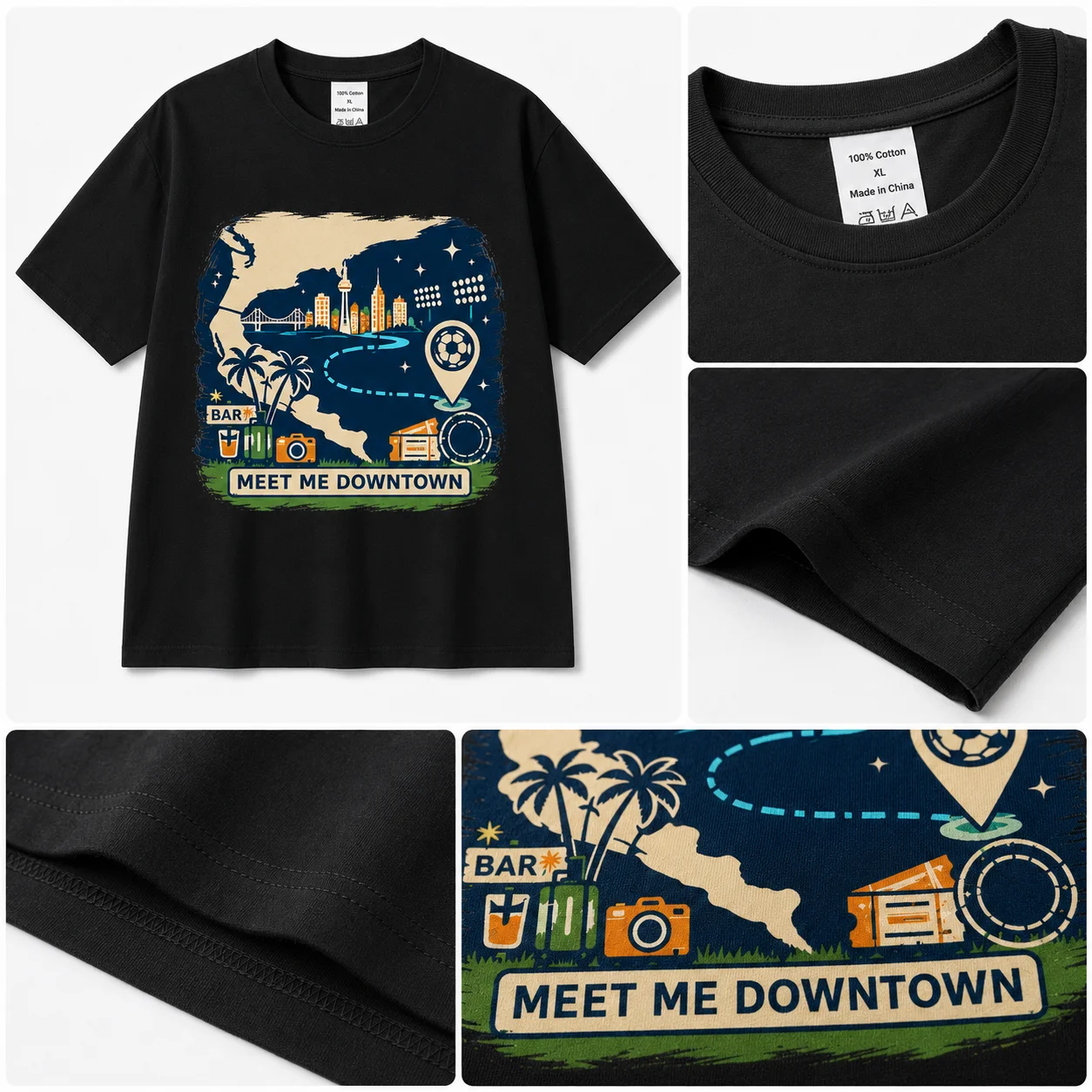 Men's Meet Me Downtown Soccer Graphic T Shirt Cotton Crew Neck Casual Tee Summer Game Football Sport