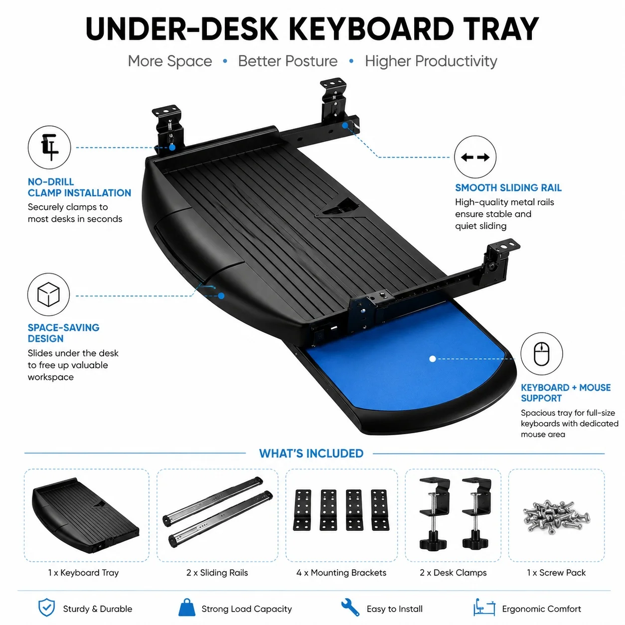 Under Desk Keyboard Tray, Clamp-On No-Drill Slider, Smooth Pull-Out Mouse Shelf, Space Saving Organizer for Office Home, Black
