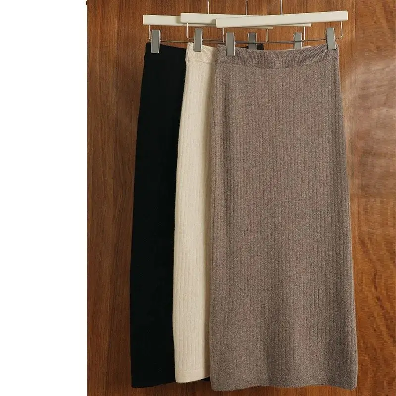 Autumn Winter Women's Pure Wool Skirts 100% Merino Wool Knitwear Elastic Waist Split Solid Slim Grace Soft Casual Pencil Skirt
