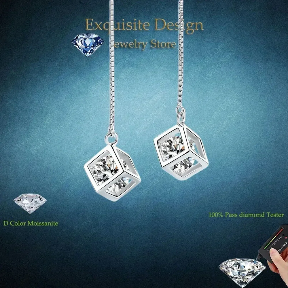 Women Love Cube Ear Threads line PT950 Platinum Drop Earrings Girl Valentine's Day 1/2CT Moissanite Diamond Birthday Gift ins