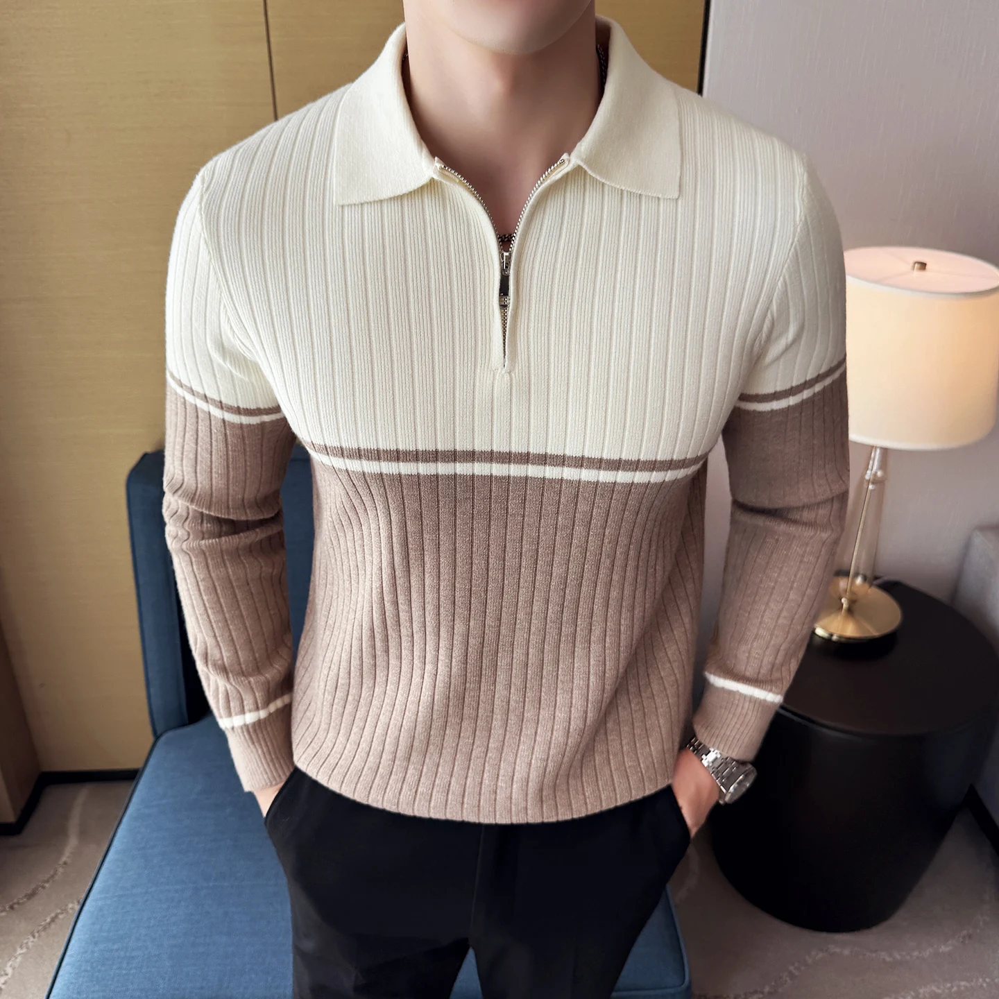 

Модный лоскутный цветной мужской свитер, осень-зима, мужские свитера с отложным воротником и длинными рукавами, на молнии, облегающие, Pull Homme