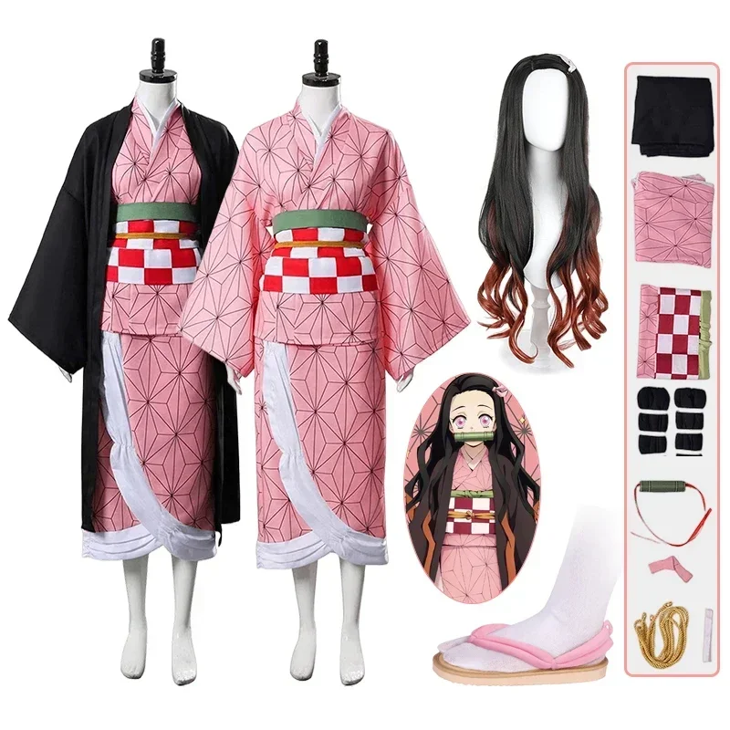 Anime Kamado Nezuko przebranie na karnawał Demon zabójca Kimetsu No Yaiba kostiumy Kimono Haori peruka drewniaki garnitur dla dorosłych dzieci Hallow