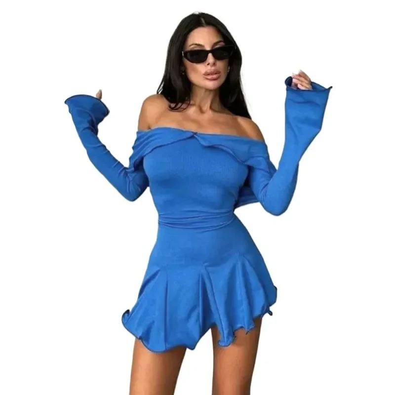 Female Folds Patchwork Bodycon Mini Dresses Solid High Waist Sexy Outfits Off-shoulder Fungus Long-Sleeved Elegant Dress