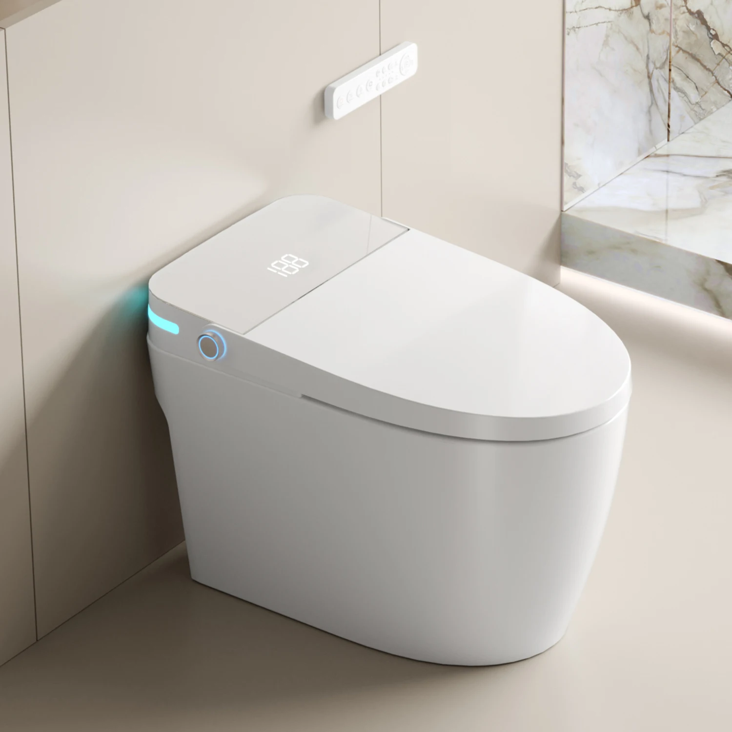 

Современный умный унитаз с бесконтактным управлением, автоматическим смывом и функцией гигиены.