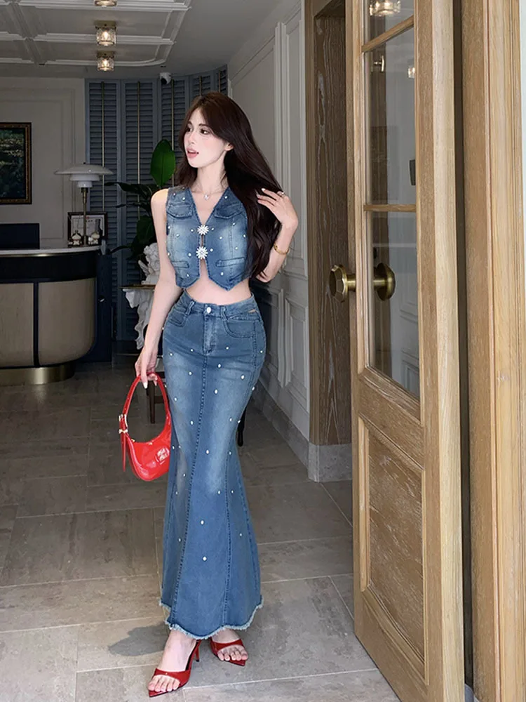 Women Denim 2-Piece Sets Long Skirts Set V-Neck Sleeveless Diamond Tops + Fishtail Long Jeans Skirt Clothing Suits High Quality