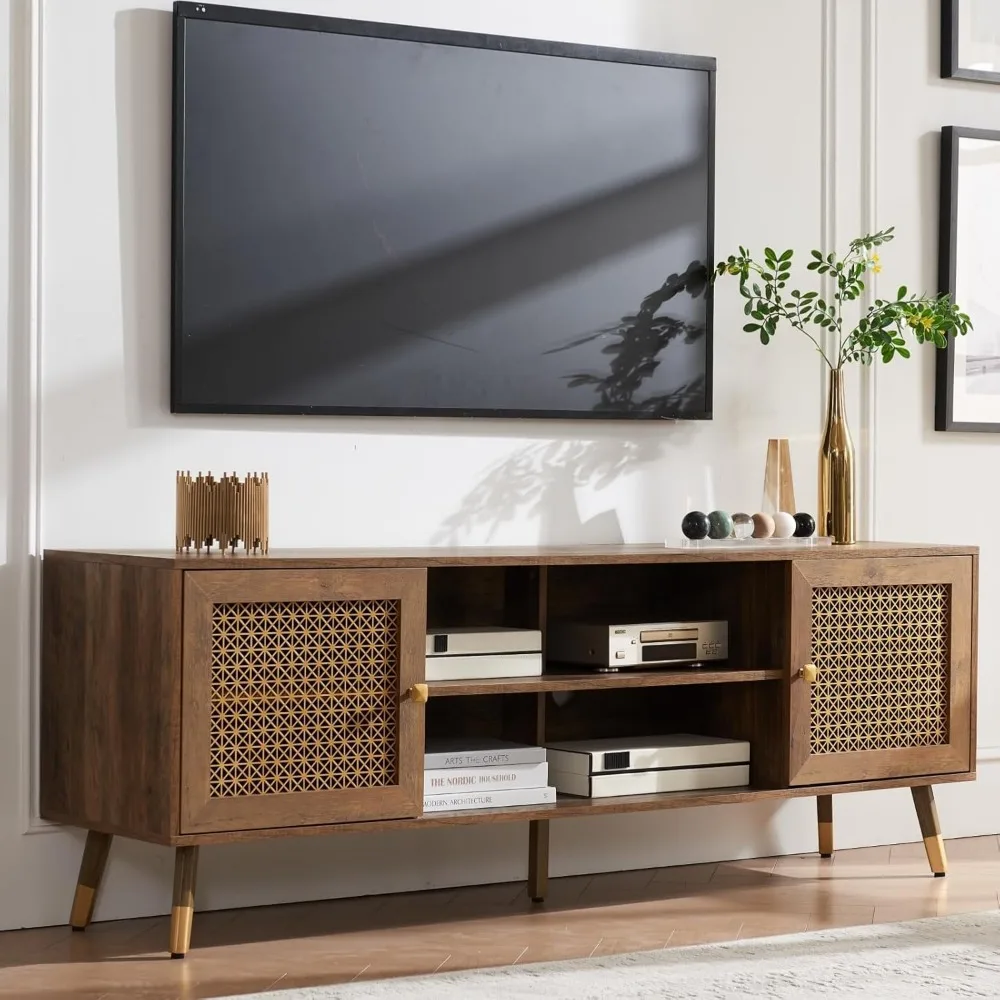 

66 Inch TV Stand for 70 Inch TVs, Mid Century Modern Media Console, Long Entertainment Center with Storage Cabinet, Oak Wood Gra