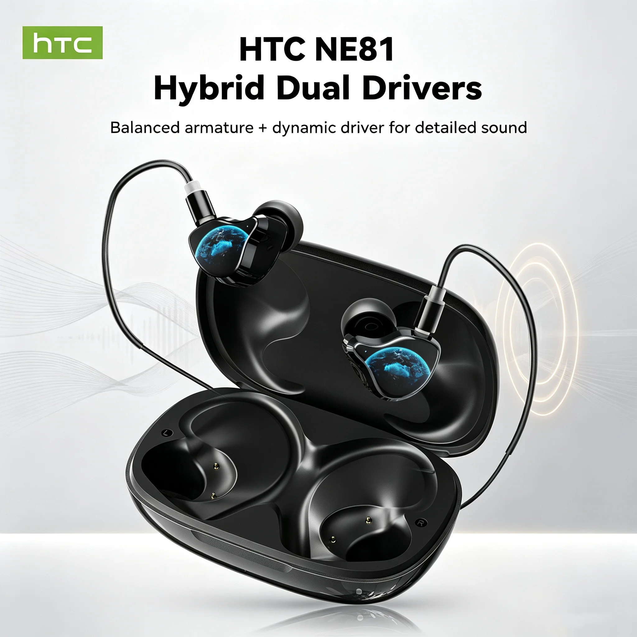 Wireless Bluetooth Earbuds HTC NE81 3-in-1 Multi-Mode In-Ear Ear-Hook Wired BT6.0 Noise Cancelling Flexible Fit Choice