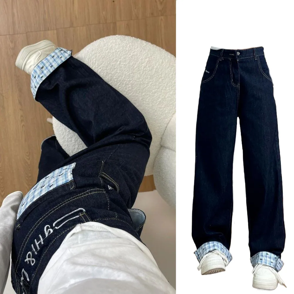 Amerykańskie jeansy w kratę w stylu retro, z szerokimi nogawkami, damskie, luźny krój, wyszczuplające, długie spodnie, nowość na wiosnę, wysoki stan, do pracy.