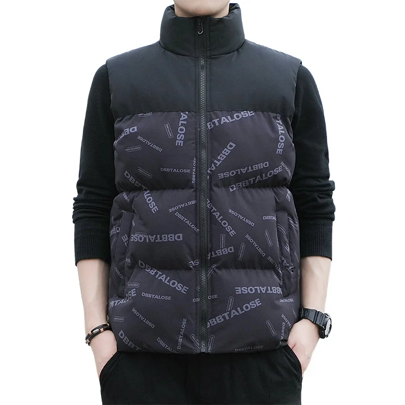 Autumn Winter Padded Vest Men Outdoor Loose Thick Warm Sleeveless Cardigan Vest Handsome Stand Collar Down Cotton Waistcoat