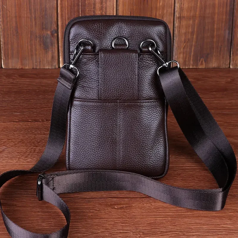 Mens Shoulder Bag Cell Phone Crossbody Purse Phone Holster Case Genuine Leather Belt Waist Bags Pouch Small Messenger Slim Bag