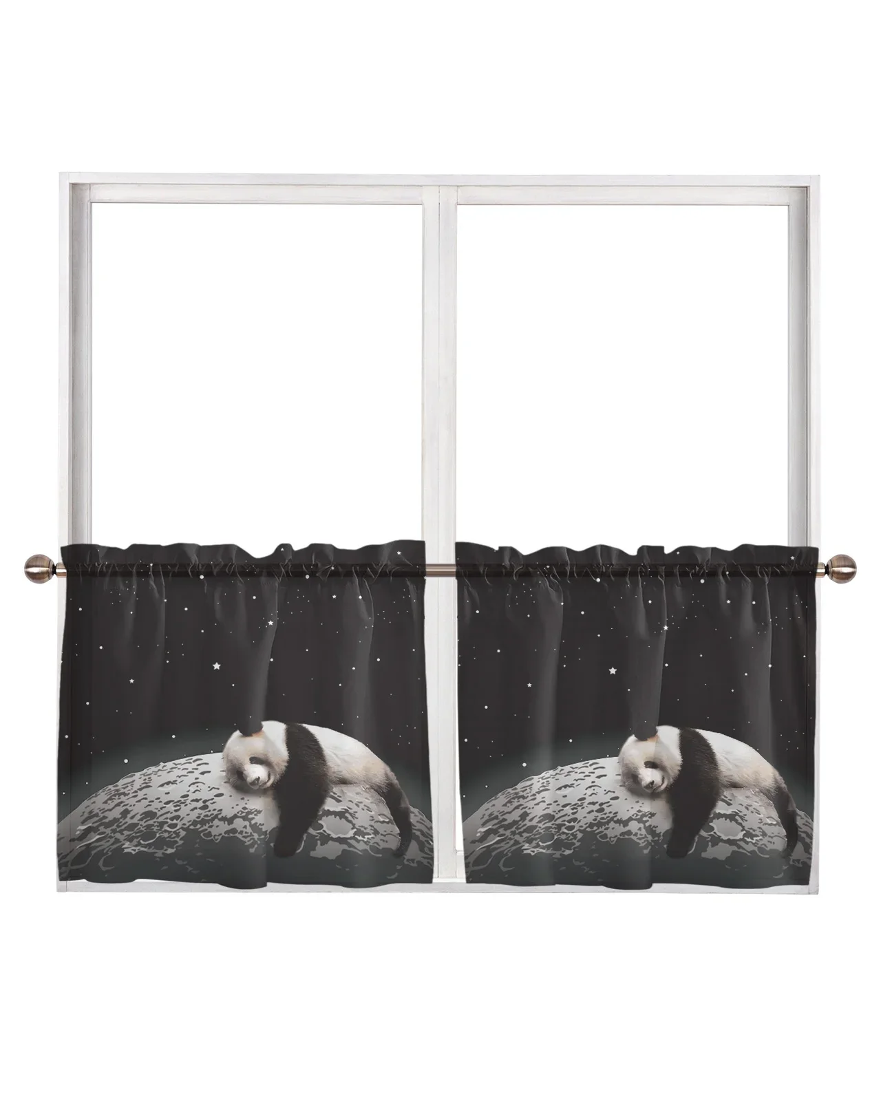 Moon Night Sky Star Panda Black Rod Pocket Short Curtain Half-Curtain For Kitchen Door Drape Cafe Small Window Sheer Curtains