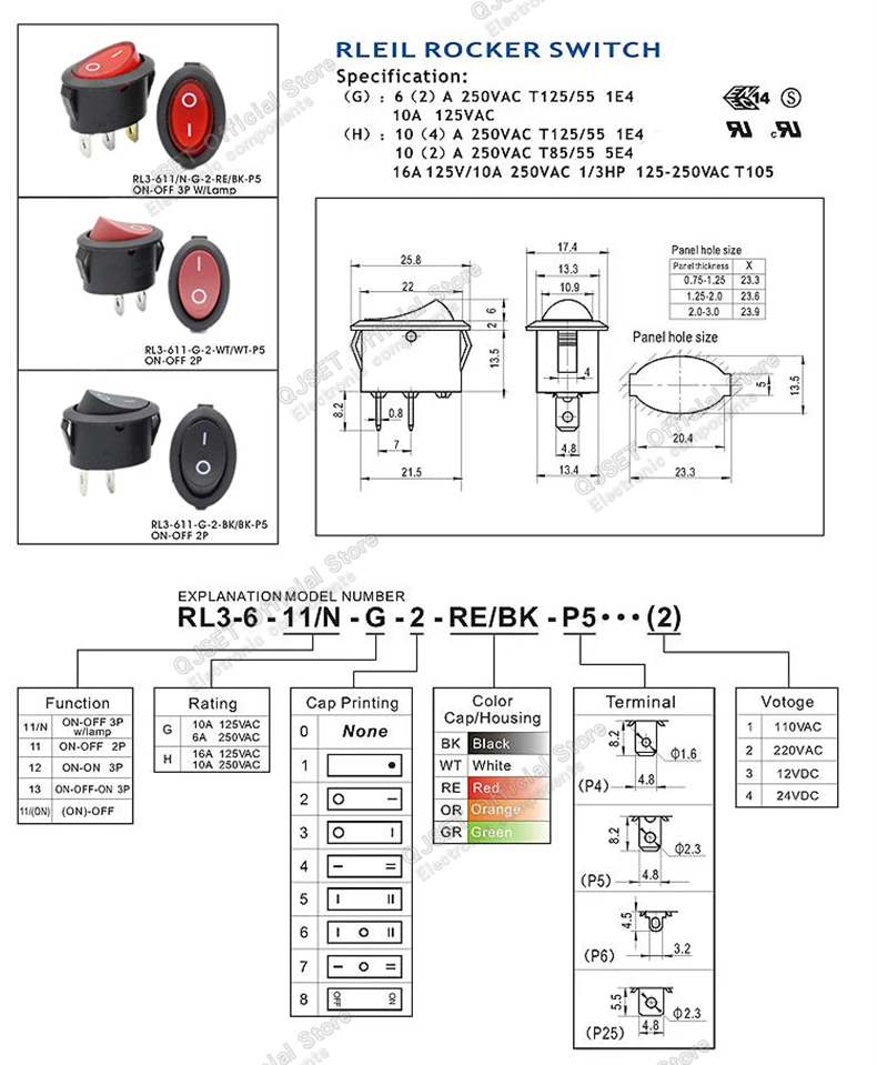 2 Stück KCD7 KCD1 Ovaler Schalter 2 Pins 2 Stufen / 3 Pins 3 Stufen, Elektrischer Wasserkocher Wippschalter mit/ohne Beleuchtung – Detail 2