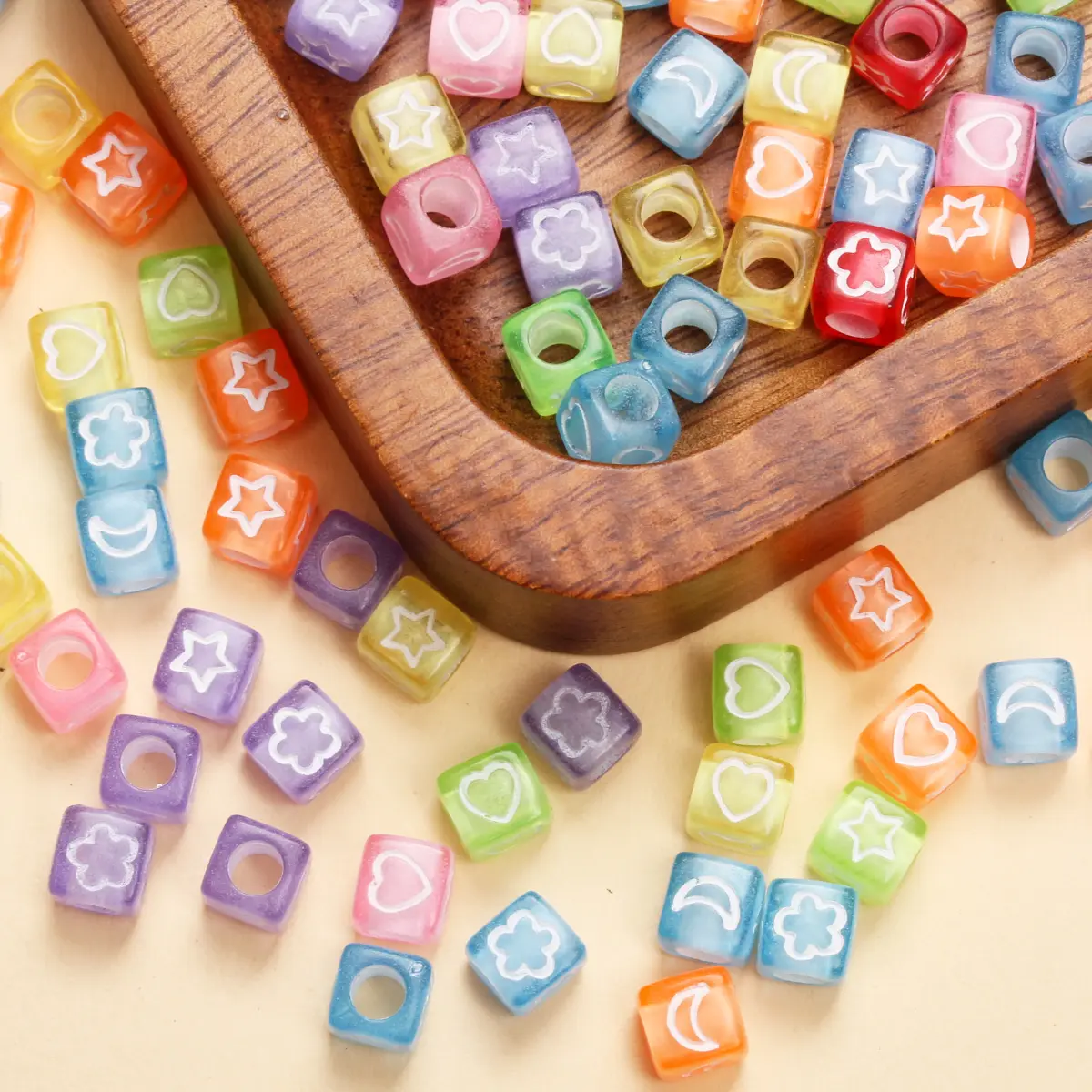 30pcs/set 6mm Square Moon Flower Heart Acrylic Loose Cube Beads With Big Hole For DIY Jewelry Making Beaded Materials