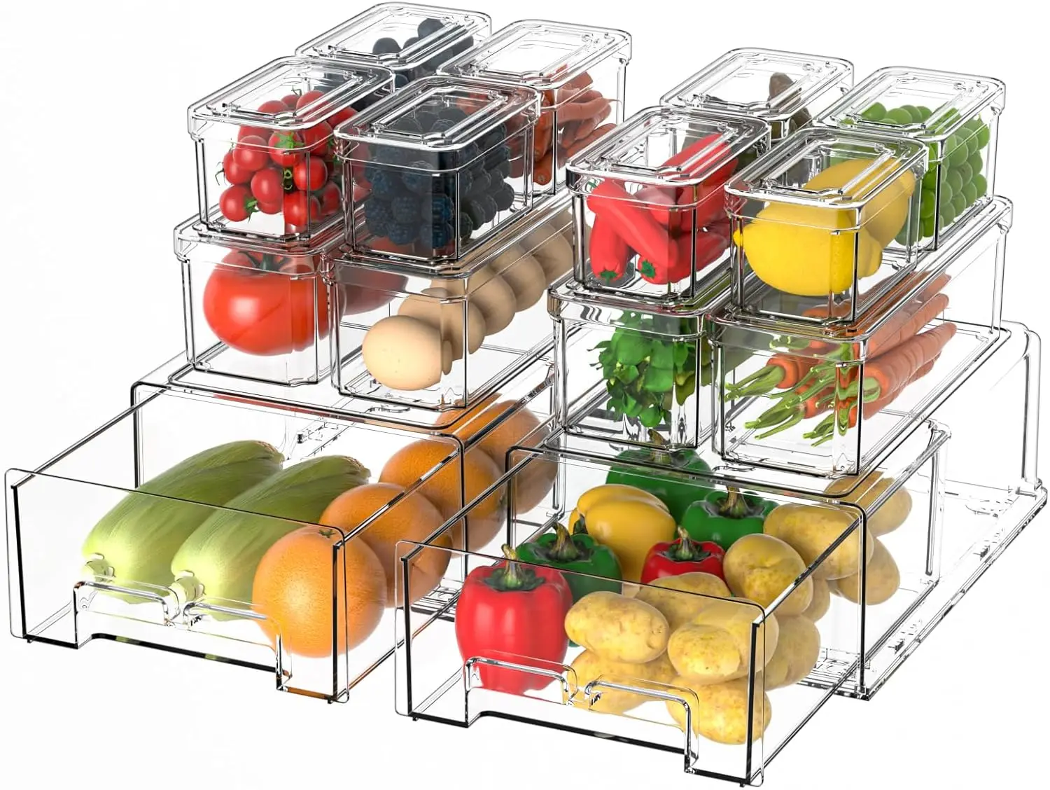 

14Pack Fridge Organizer Bins, Clear Refrigerator Organizing Containers with Lids and Refrigerator Drawers, Stackable Food, Veget