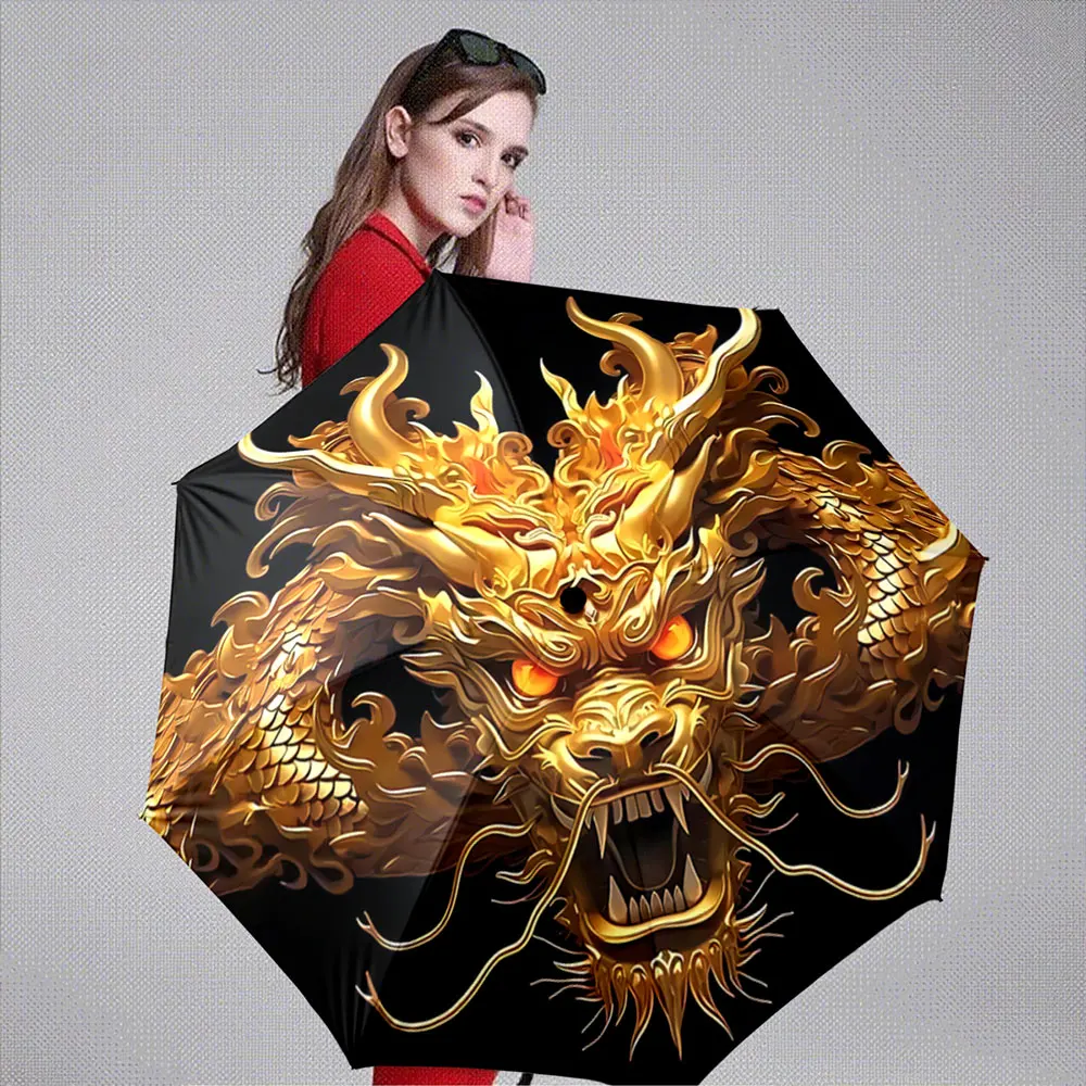 Golden Fiery Dragon Head Design Umbrella ,Portable Folding Umbrella, Gift for Family Friends
