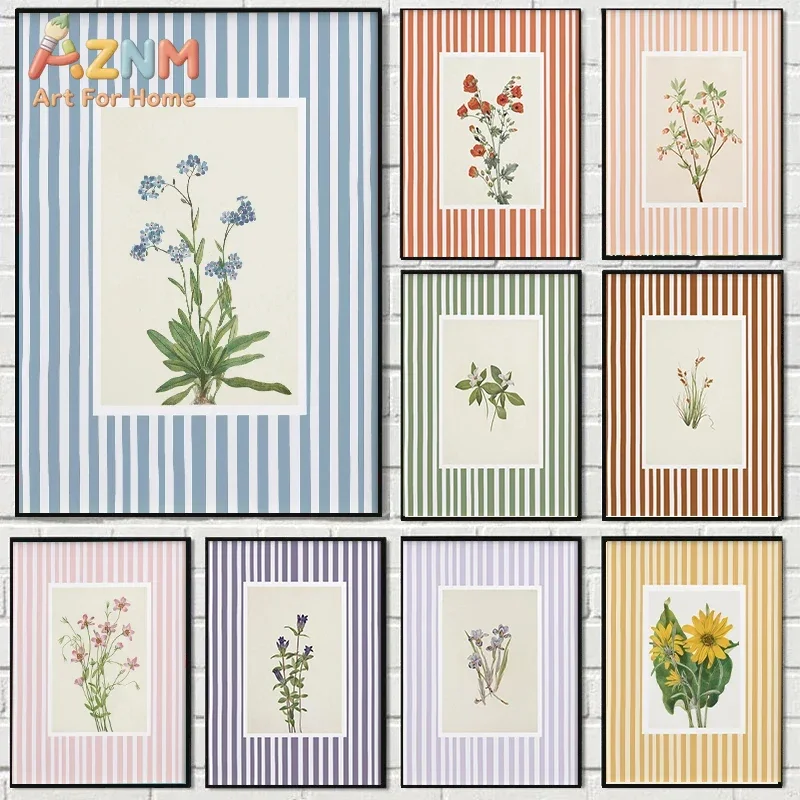 AZNM Striped Background Botanical Canvas Wall Art Vintage Wildflower Plant Illustration Picture Unframed Canvas Home Decor Paint