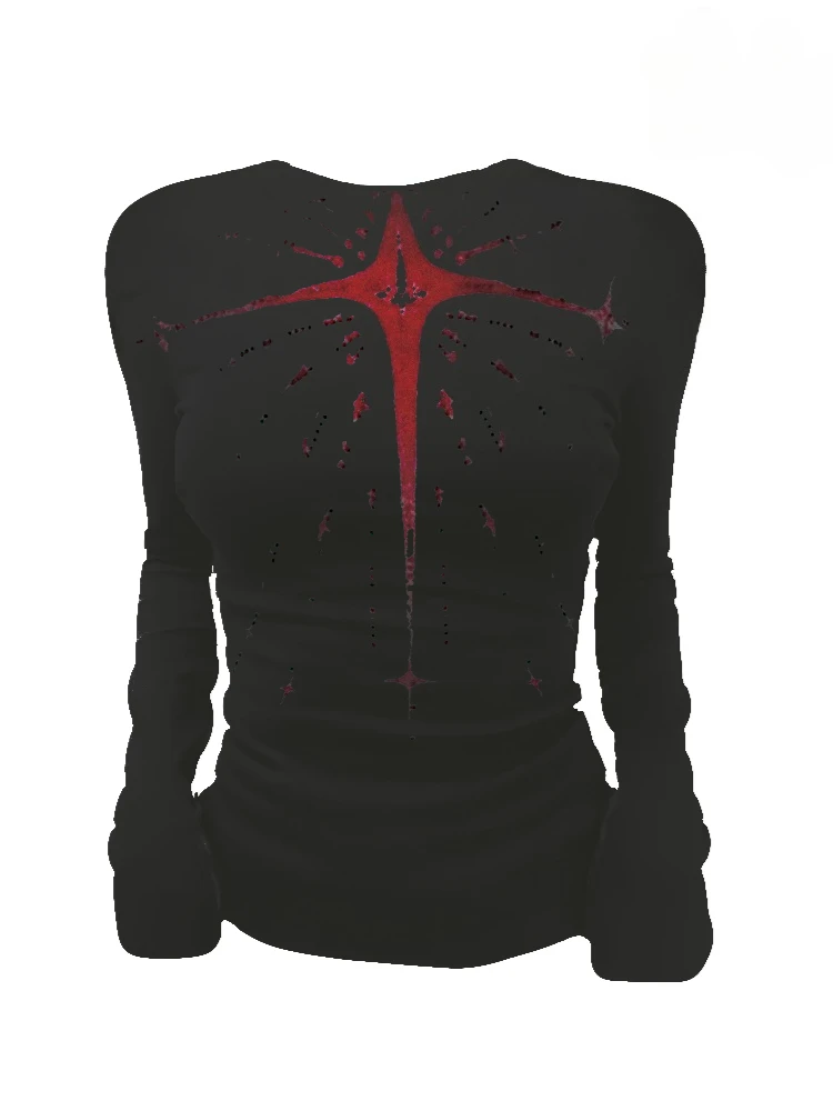 

HOUZHOU Vintage Gothic Black T-shirt Women Harajuku Grunge Gray Graphic T-shirt Y2k Punk Retro Slim Up White Long Sleeve Tees