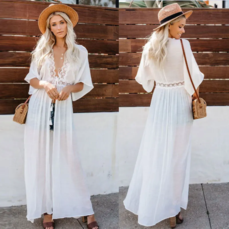 Women Beach Dress Swimwear Sexy Lace Bikini Cover Up Kaftan Swimming Suit Crochet Open Front Maxi White Long Kimono Coverup Cape