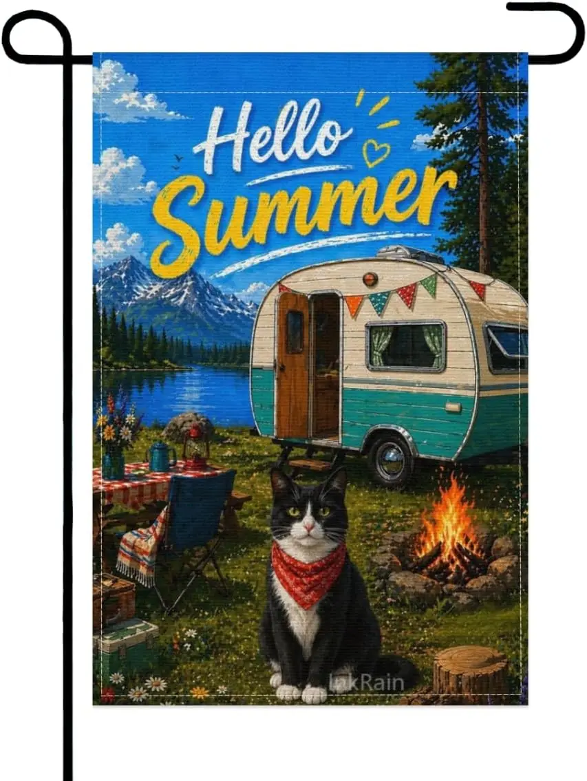 InkRain Hello Summer Camping Cute Tuxedo Cat Decorative Garden Flag 12x18 Inch Double Sided Burlap Outdoor Yard Flag for Hom kkz