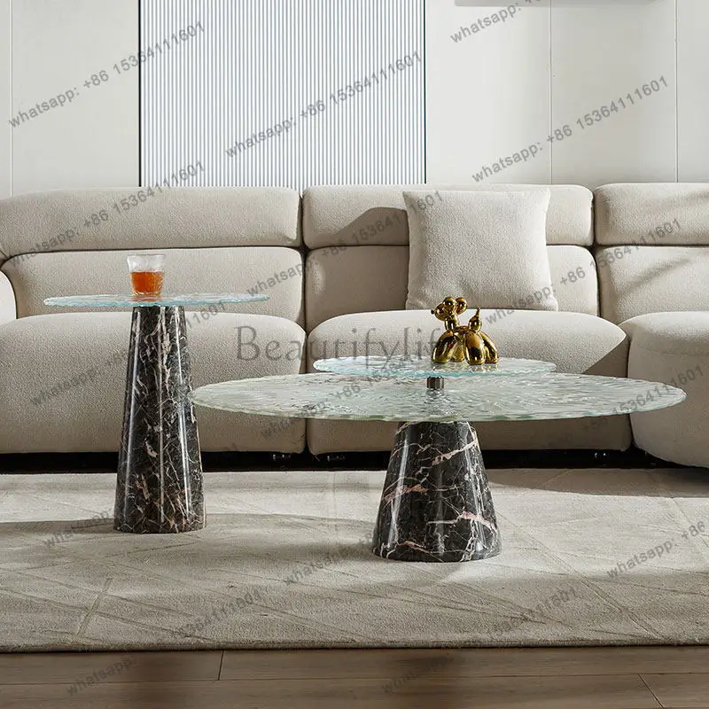 Italian water ripple coffee table hot melt tempered glass natural marble wabi sabi wind round coffee table