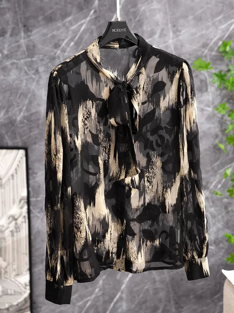

Shiny Big Sister Glowing Gold Print Silk Long Sleeve Shirt Silk Top with Sash Ladylike Commute Style Button Lantern ...