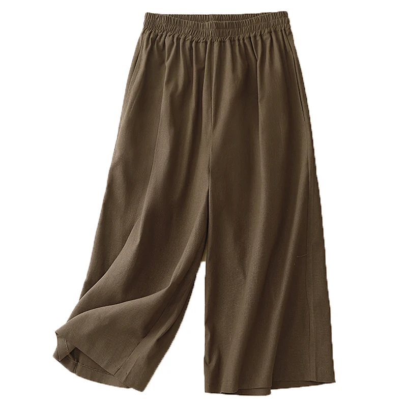 Pantalones de pierna ancha de lino de algodón para mujer, pantalones casuales sueltos de verano para ir al trabajo, pantalones drapeados de lino de siete cinco, pantalones versátiles de ocho puntos...