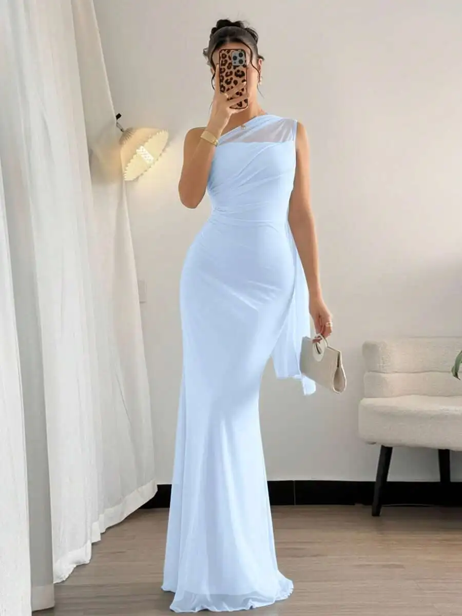 

Light Blue Asymmetrical Neck Bodycon Maxi Dress with Sheer Panel