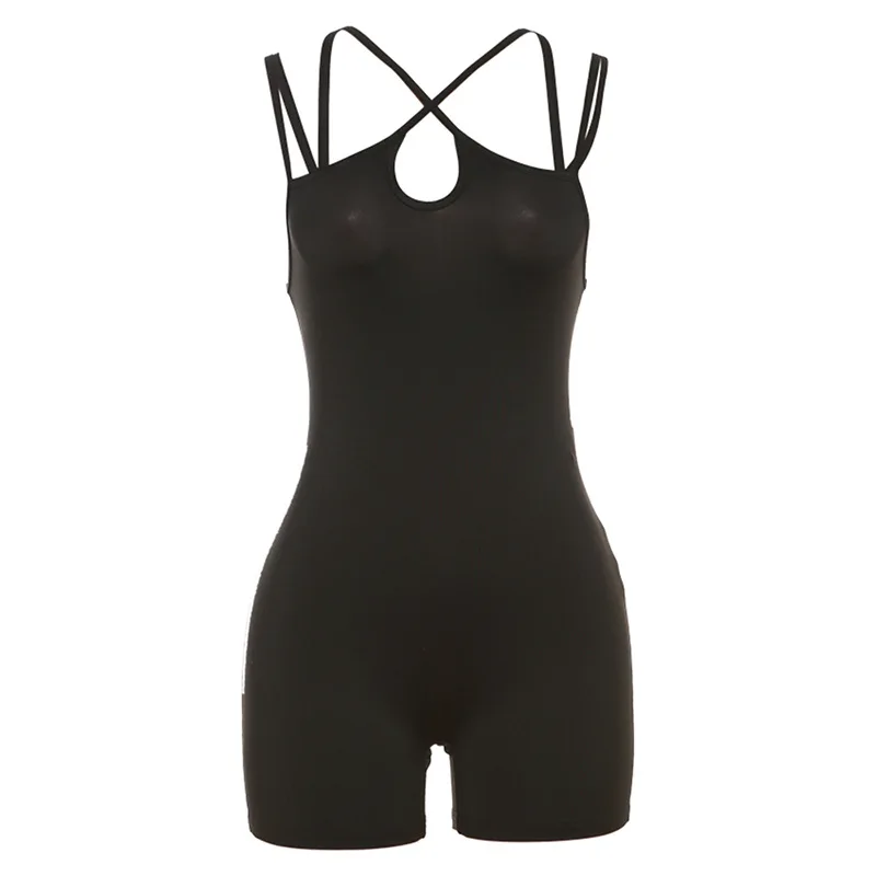 Women Solid Color Cami Playsuits Spaghetti Strap Sleeveless Short Jumpsuits Summer Cross Backless Bodycon Rompers