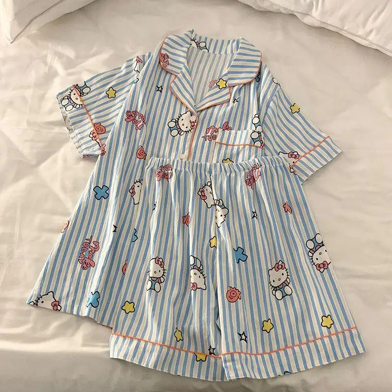 New Kawaii Anime Sanrio Hellokitty Pajamas Summer Striped Pure Cotton Short Sleeved Three Piece Set Leisure Wear Gift For Girls