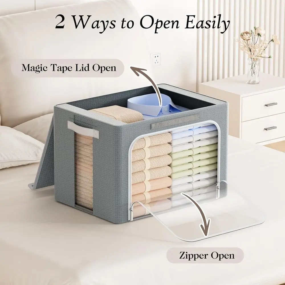 صناديق تخزين قابلة للطي بإطار معدني سعة 40 لترًا مع غطاء، منظمات ملابس بسحاب قابلة للتكديس، صناديق قماش أكسفورد مع رؤية واضحة وLea #4