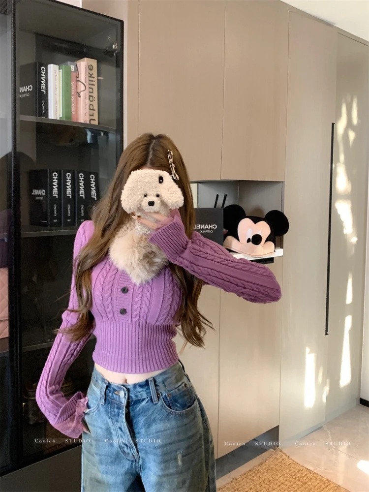 بلوفرات شتوية مثيرة موديل 2025 برقبة 0 متماسكة وبلوفرات مقصوصة للنساء بخصر مضلع وبلوزات ضيقة للخريف بطبقات