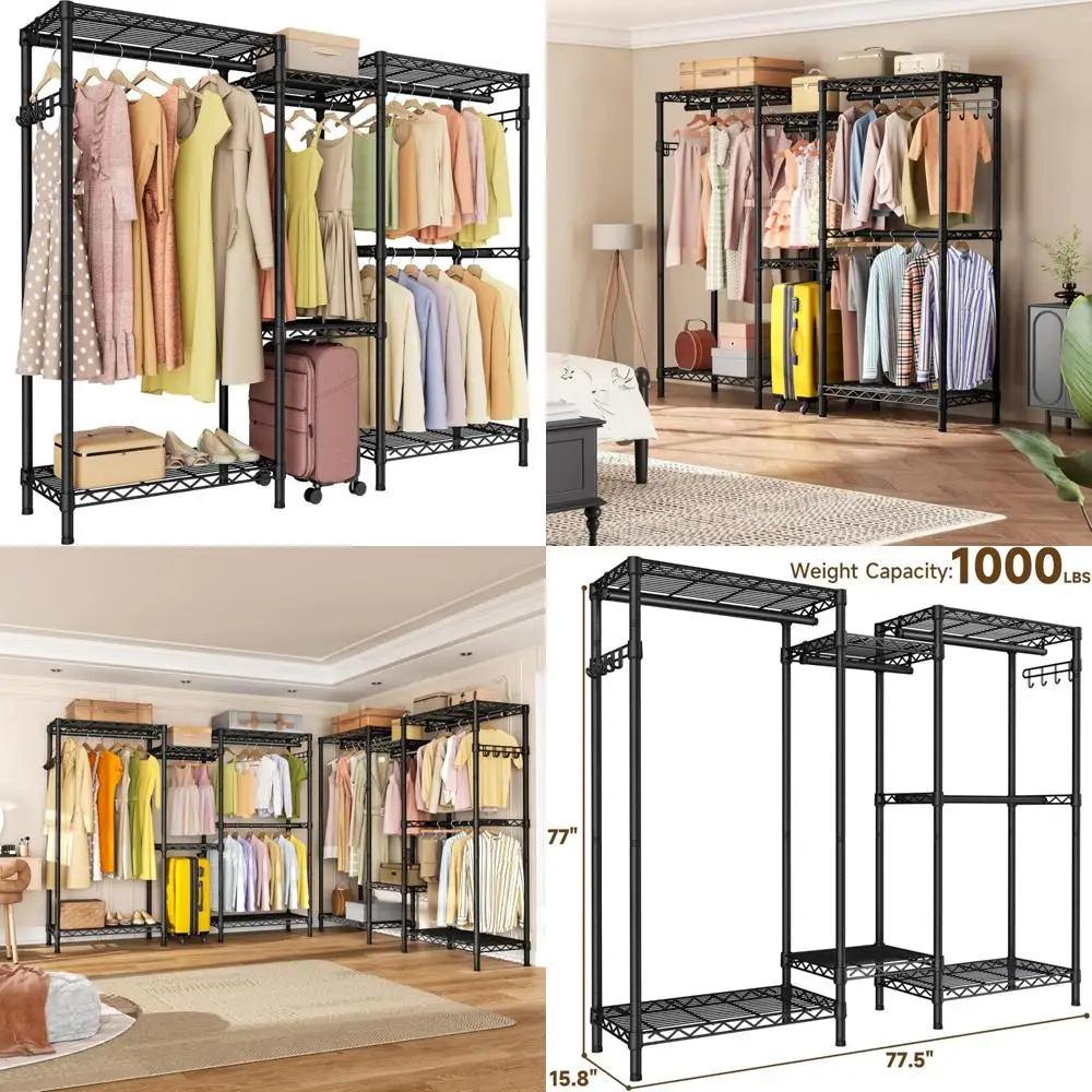 

Большая сверхмощная портативная вешалка для одежды с 7 регулируемыми полками и 4 штангами для отдельно стоящего хранения в шкафу