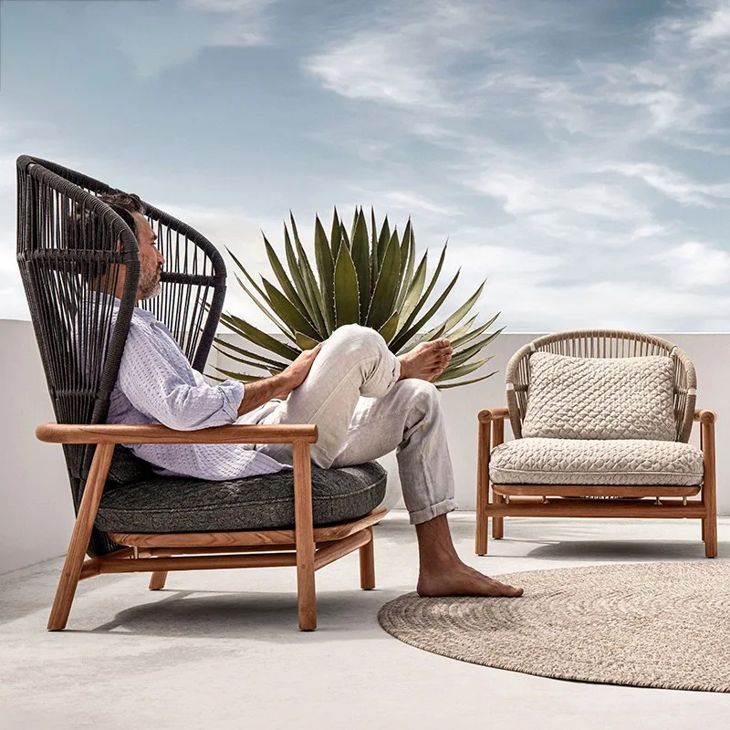 Custom Outdoor Rattan Sofa Set Balcony Casual High Back Designer Model Room Coffee Table Courtyard Villa Removable Cushions Comb