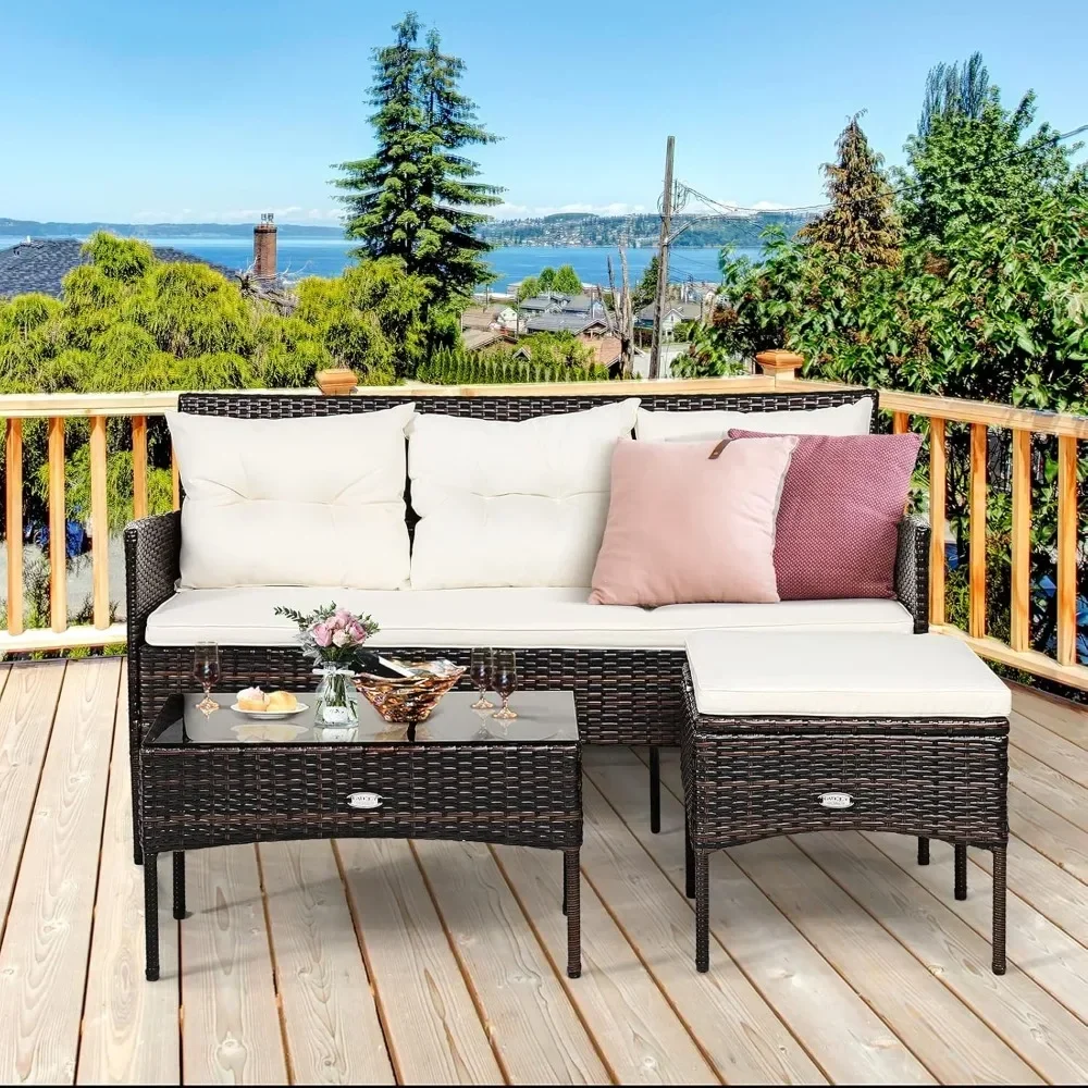 Patio Conversation Set, Outdoor PE Rattan Wicker Furniture Set W/Cozy Cushions, All Weather Sectional Sofa