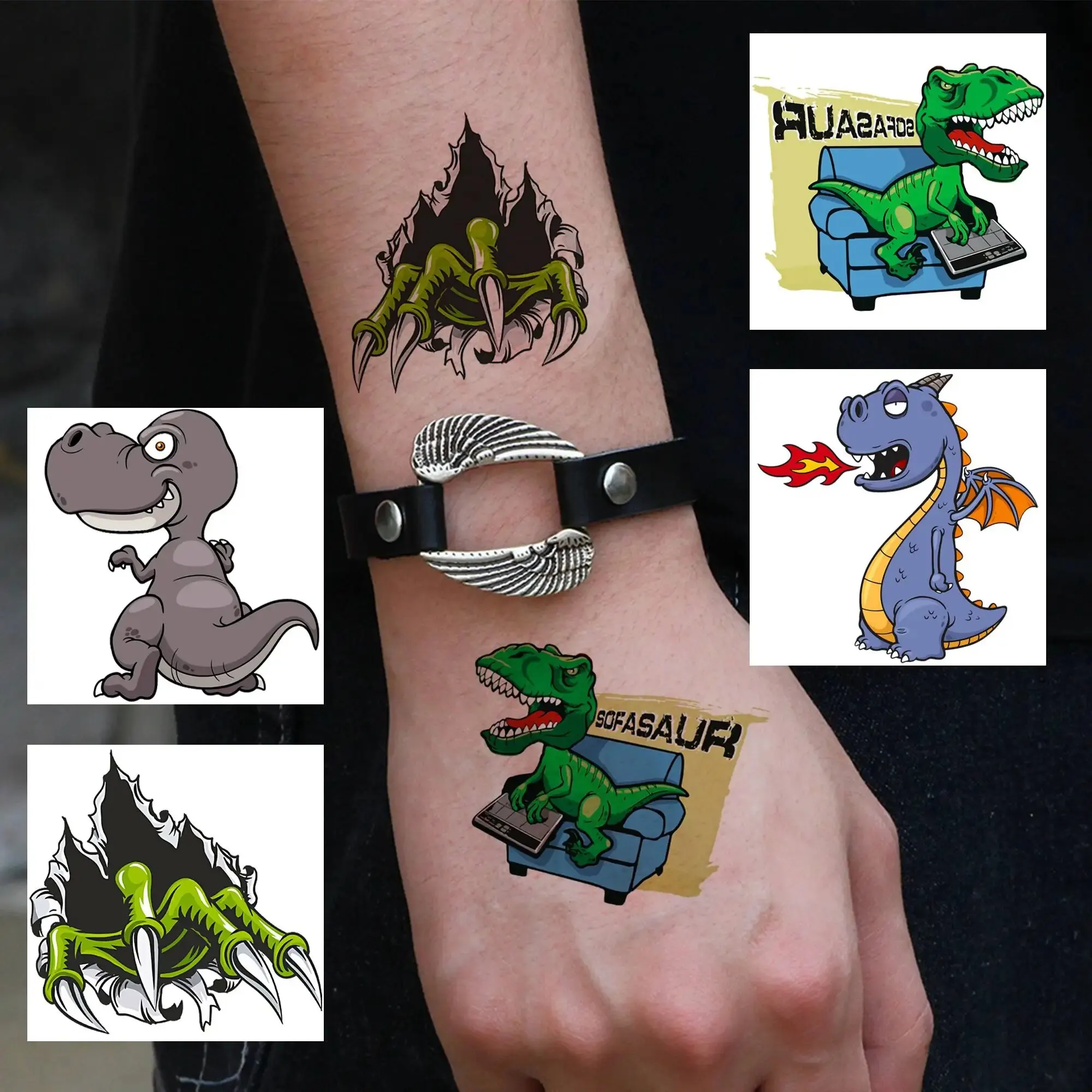 Tatuajes temporales de dinosaurio 3D para niños y niñas, pegatina de tatuaje de t-rex falso, juegos de recuerdos de fiesta de dinosaurios pequeños,