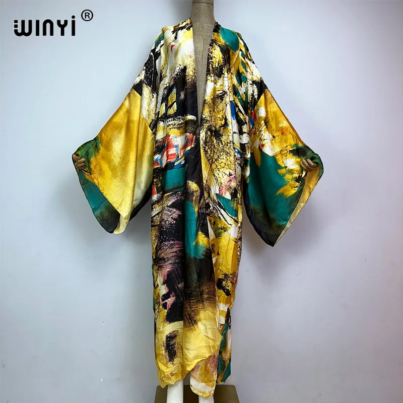 Winyi 2023 Vrouwen Casual Afrikaanse Kaftan Robe Graffiti Print Lange Mouwen Beach Cover Up Maxi Jurk Mode Kimono Vakantie Vest